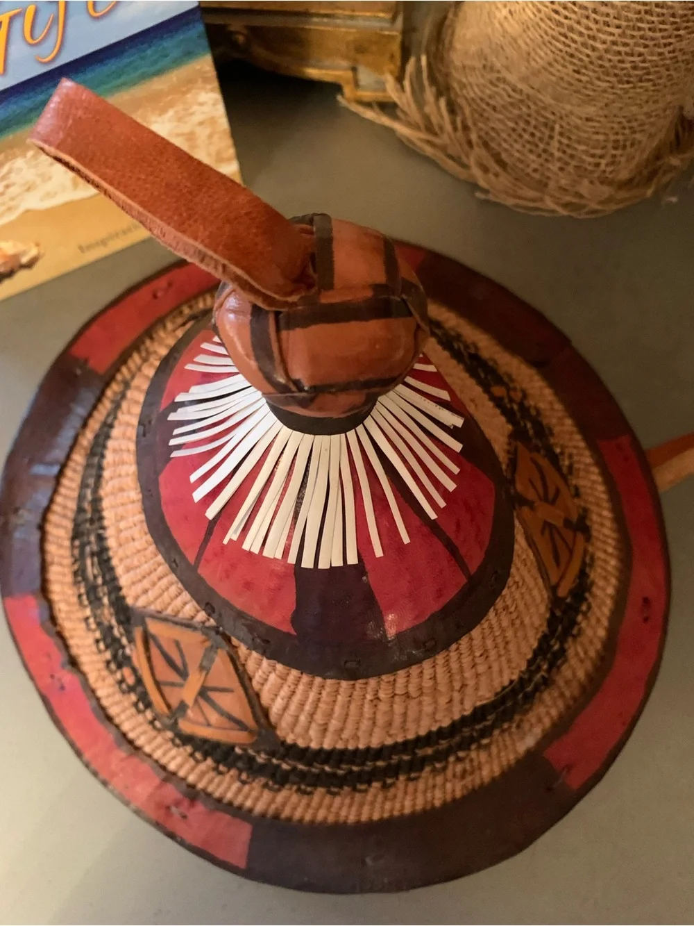 VINTAGE Fulani Hat from West Africa, HANDMADE Conical fiber straw leather trim.